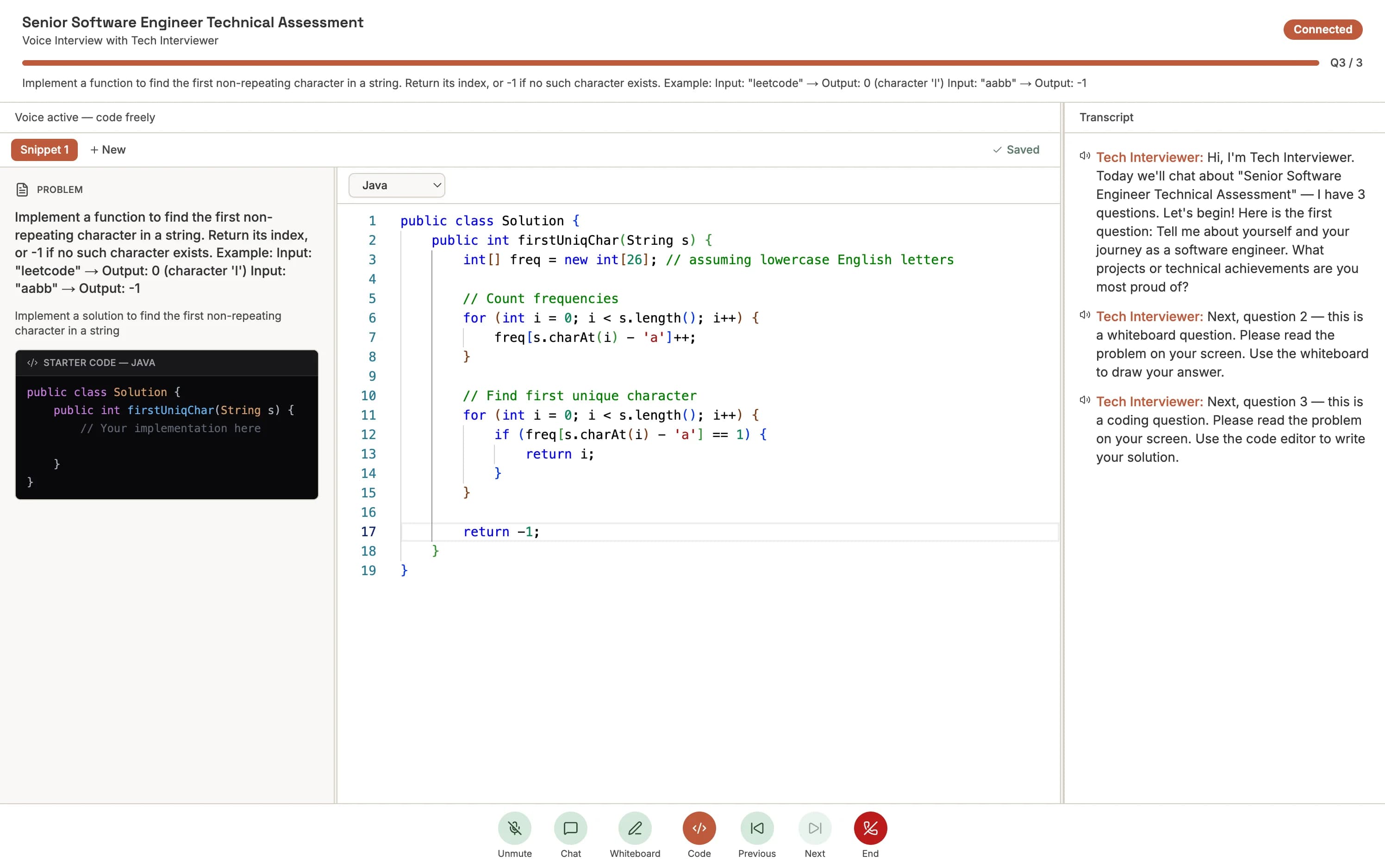 Coding question — Monaco editor with language selector, Run button, and AI chat panel